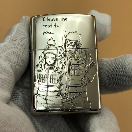 Custom Metal Anime Lighter – Naruto Shikamaru & Asuma Engraved Zorro Windproof Lighter