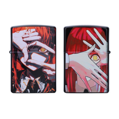 Front and back views of a Zippo lighter printed with vibrant anime artwork featuring Makima from Chainsaw Man.